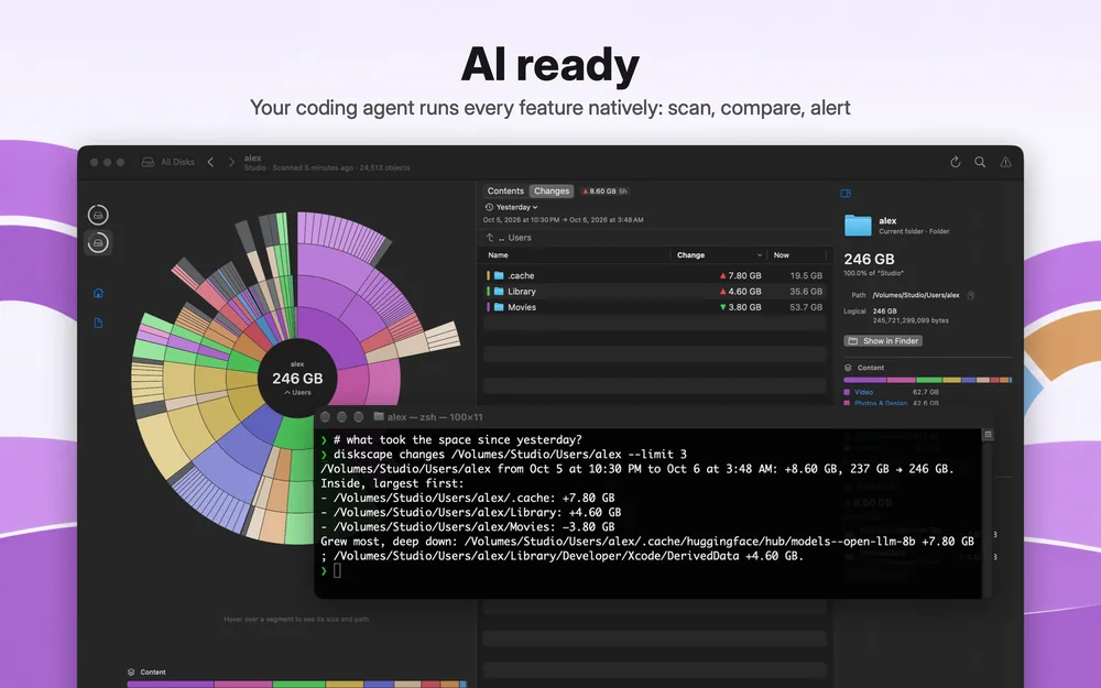 AI ready: in Terminal, diskscape changes answers what took the space since yesterday — .cache +7.80 GB, Library +4.60 GB, Movies −3.80 GB — the same as the Diskscape window behind it.