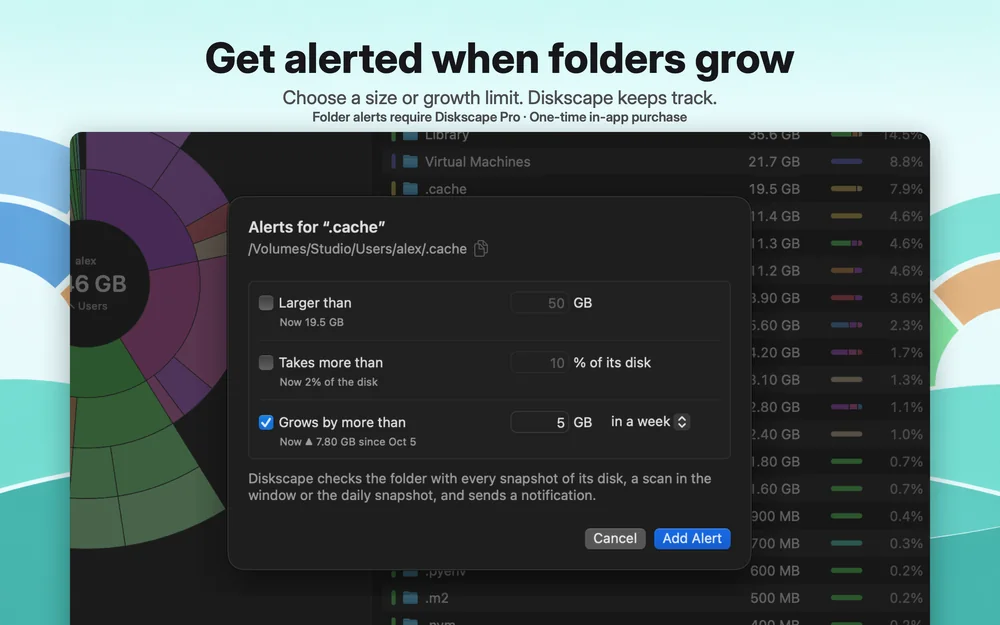 Get alerted when folders grow: an alert for .cache when it grows by more than 5 GB in a week; it has grown by 7.80 GB.
