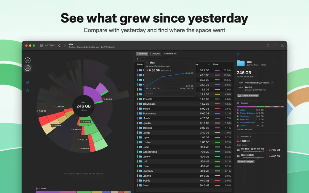 See what grew since yesterday: the folder's change chart, 237 GB to 246 GB, over a map that marks what grew in red and what shrank in green.
